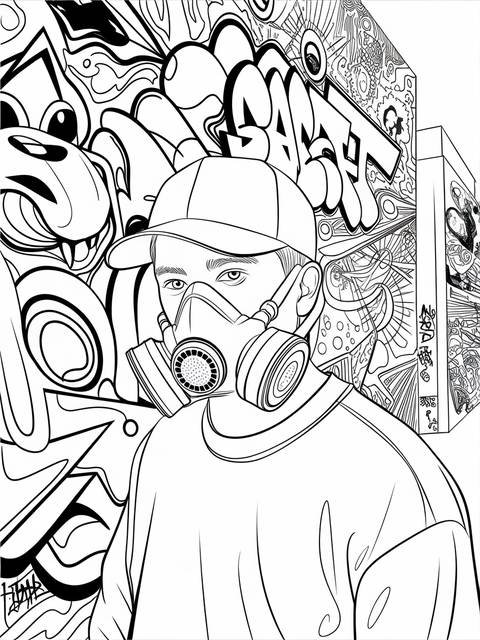 Graffiti artist wearing a respirator, surrounded by graffiti art and urban elements