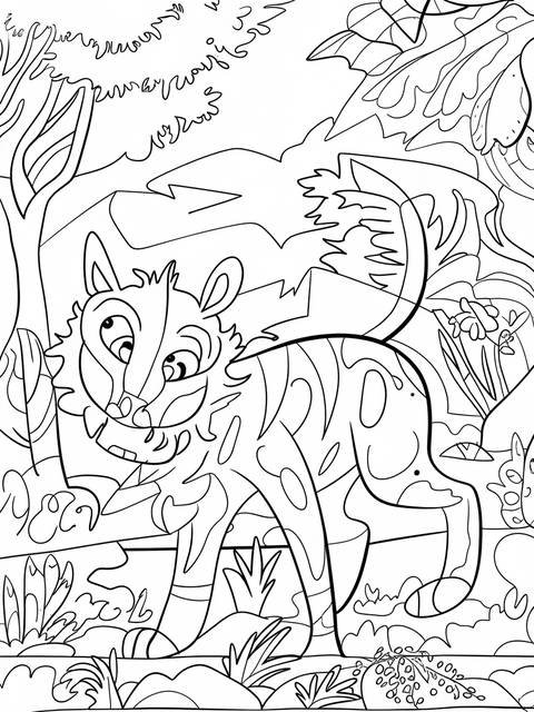 Coloring page of a tiger in a jungle setting, ready for kjp9k2lgrboxrjijhowrtg