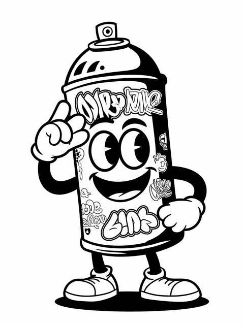 Playful cartoon spray can with graffiti art, smiling and giving a peace sign