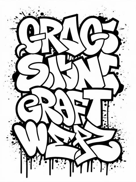 Black and white stylized graffiti collage featuring the words 'graffiti' and other words