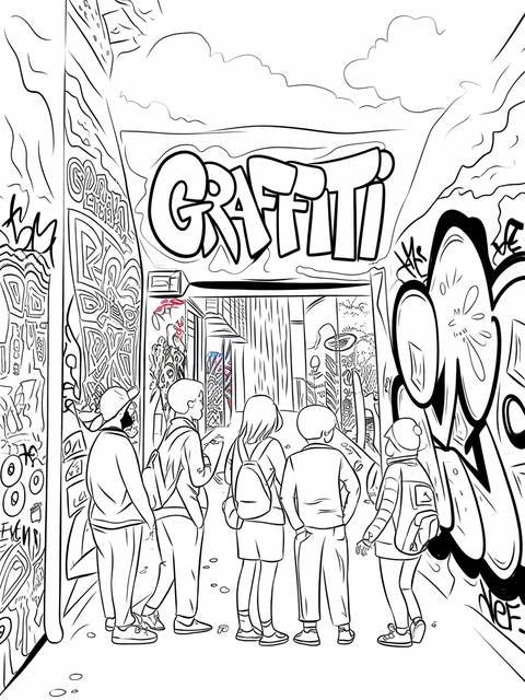 A group of people looking at graffiti in a vibrant alleyway scene