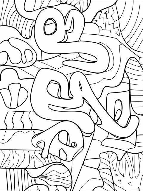 Black and white abstract graffiti mural with freeform shapes and lines for coloring