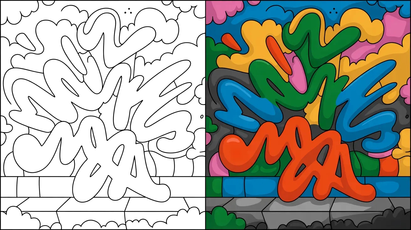 Graffiti coloring page featuring a two-panel design with bold lettering and colorful fills