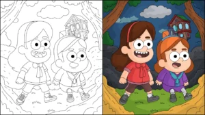 Gravity falls coloring page featuring mabel and a two-panel illustration of the characters