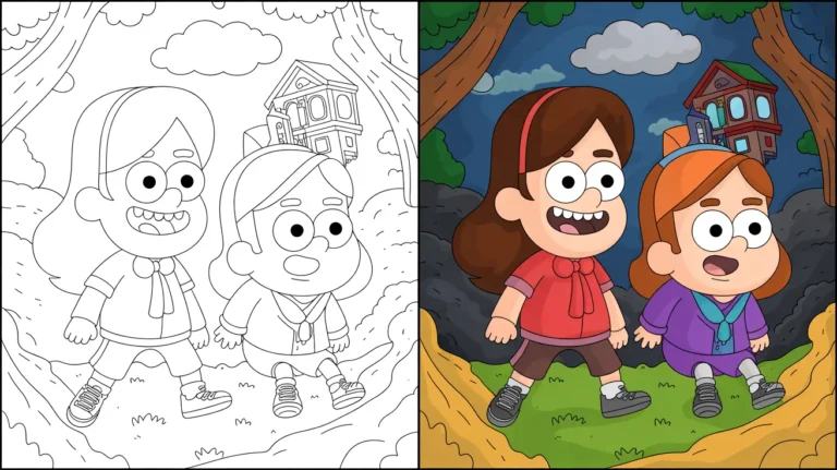 Gravity falls coloring page featuring mabel and a two-panel illustration of the characters