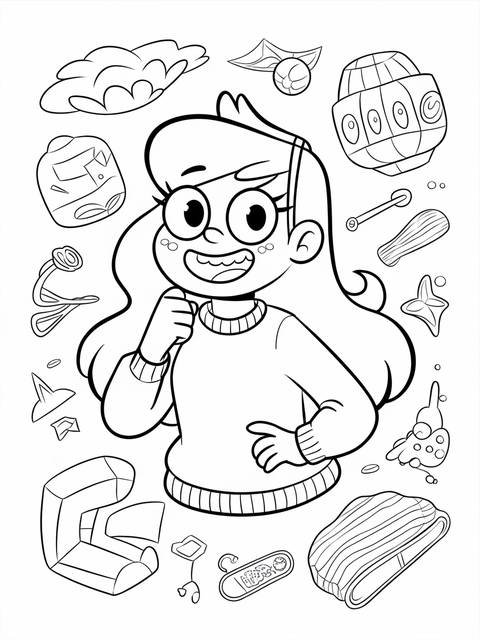 Mabel pines from gravity falls coloring page, surrounded by various cartoon elements
