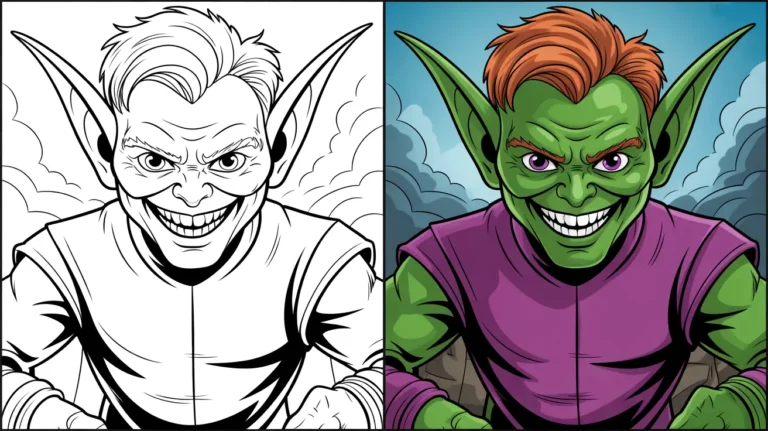 Green goblin coloring page: a two-panel image, one colored, one black and white