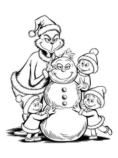 The grinch and children building a snowman in a whimsical christmas scene