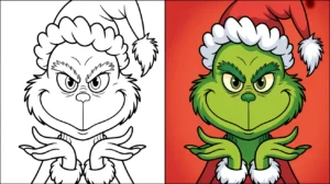 Two-panel grinch coloring page: one outlined, the other colored