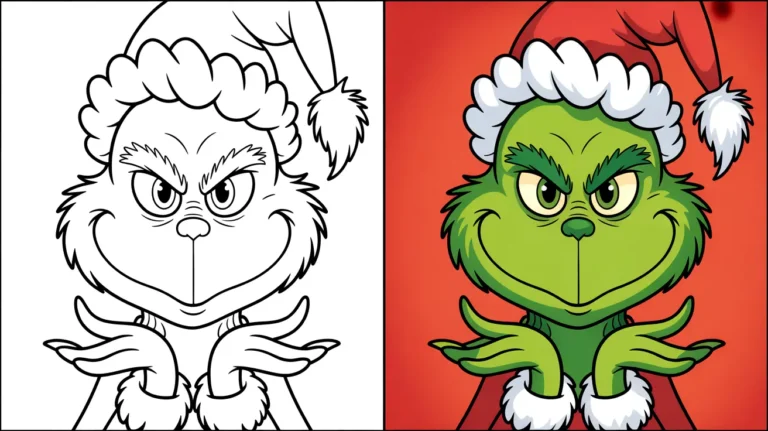 Two-panel grinch coloring page: one outlined, the other colored