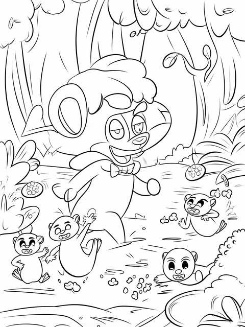 Line art coloring page of grizzy and the lemmings in a chaotic scene