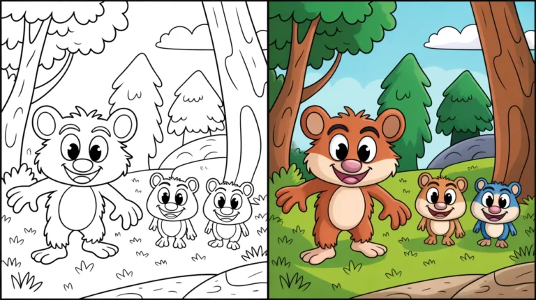 Grizzy and the lemmings coloring page: bears in a forest setting