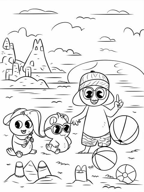 Coloring page featuring grizzy and the lemmings characters at the beach