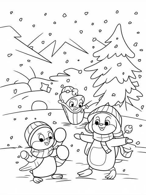 Coloring page featuring grizzy and the lemmings characters playing in a snowy scene