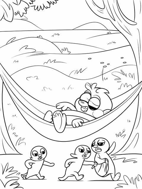 Grizzy asleep in a hammock while the lemmings plot below in this coloring page