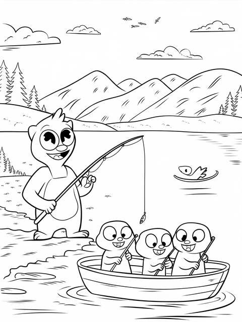 Grizzy fishing with the lemmings in a boat, a coloring page scene