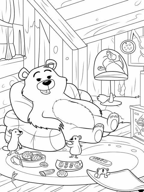 Grizzy the bear relaxing with the lemmings in a coloring page scene