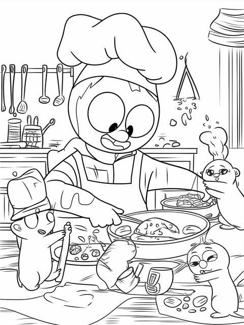 Grizzy and the lemmings coloring page: grizzy cooking with the lemmings in a kitchen