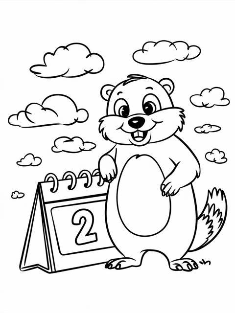 Cartoon groundhog standing next to a calendar showing the date of groundhog day