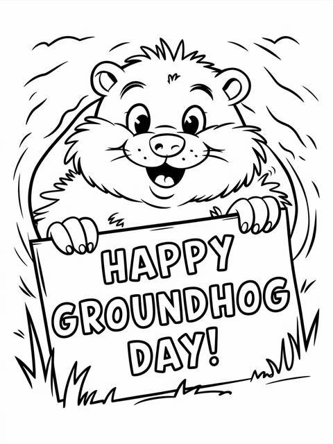 A cheerful groundhog holding a sign that says 'happy groundhog day'