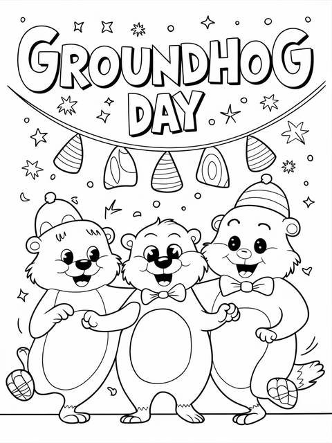 Groundhog day celebration coloring page featuring three cheerful cartoon bears, ready to color