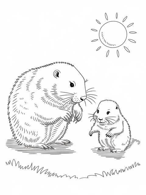 Line art illustration of a mother groundhog teaching a baby groundhog