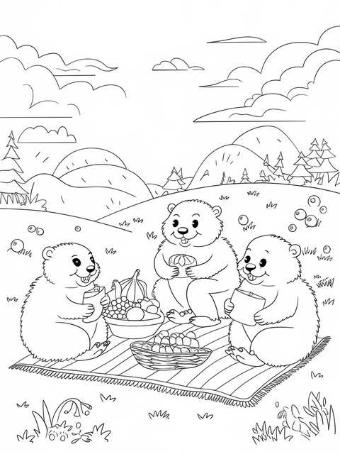 Groundhog day coloring page: three groundhogs enjoying a picnic with fruit