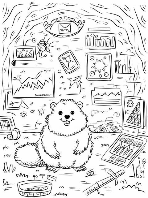 Groundhog day coloring page featuring a cheerful groundhog surrounded by various objects