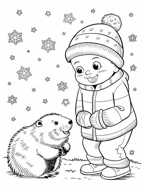 Groundhog day coloring page: a child and groundhog anticipate the weather forecast