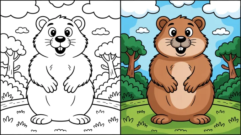 Groundhog day coloring page: a two-panel image of a groundhog, colored and uncolored