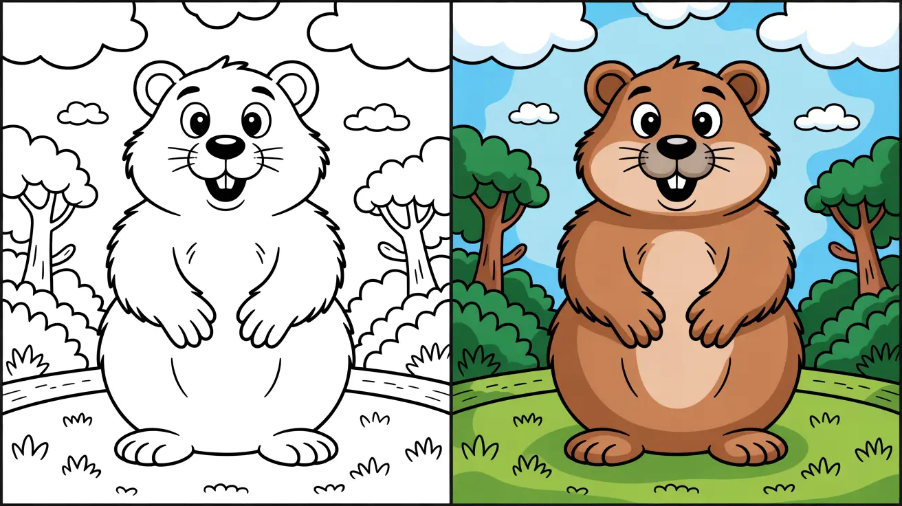 Groundhog day coloring page: a two-panel image of a groundhog, colored and uncolored