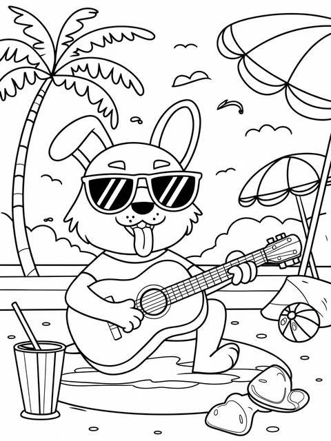 A cool dog wearing sunglasses playing a guitar on the beach coloring page