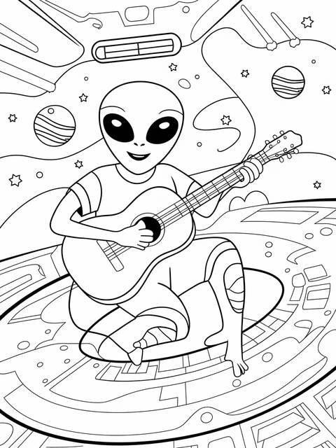 Friendly alien playing a guitar, set against a space-themed background with planets