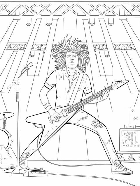 Line art of a rock star with wild hair playing a guitar on stage