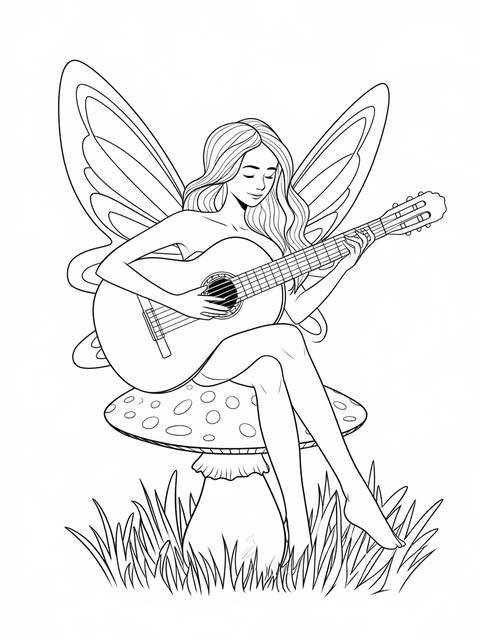 A fairy with wings playing a guitar, sitting on a mushroom in the grass