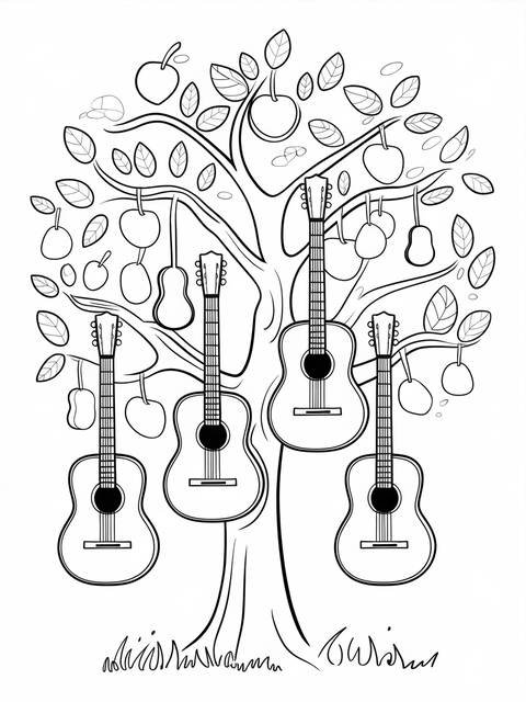 A tree with guitars hanging from it, resembling fruit, a unique illustration