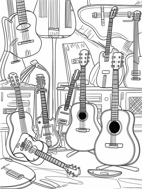 Line art of acoustic guitars, reminiscent of a vintage music shop