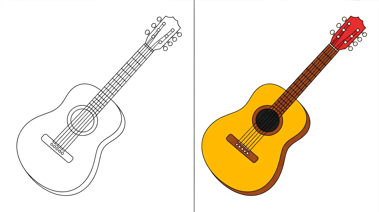Two-panel image: a guitar coloring page and a colored guitar illustration