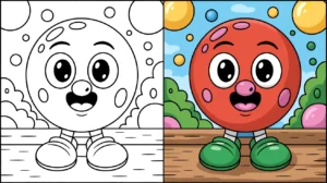 Gumball coloring page: a two-panel image of a smiling, round character