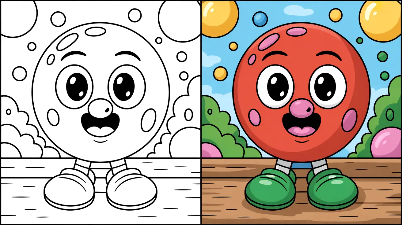 Gumball coloring page: a two-panel image of a smiling, round character