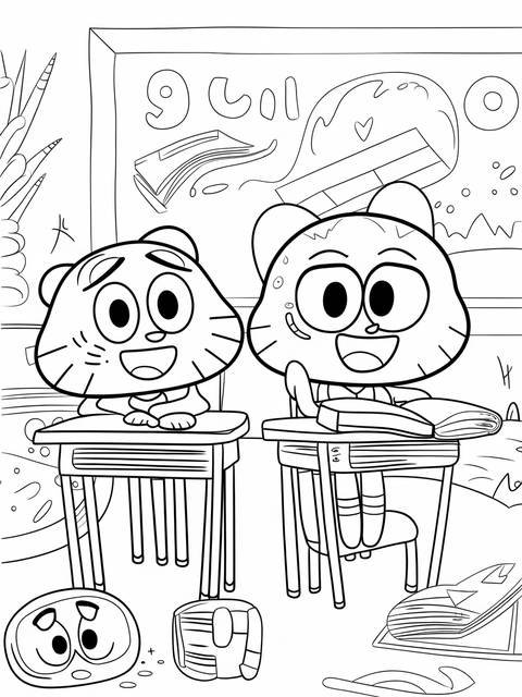 Coloring page of gumball and penny at school, seated at desks