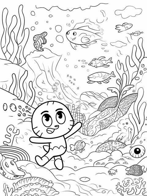 Gumball exploring a fantastical underwater world, surrounded by fish and marine life