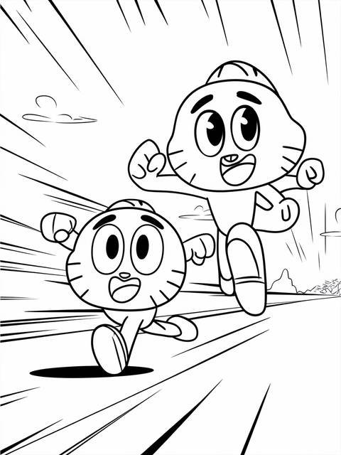 Gumball and another character racing, from the gumball series, in a black and white line drawing