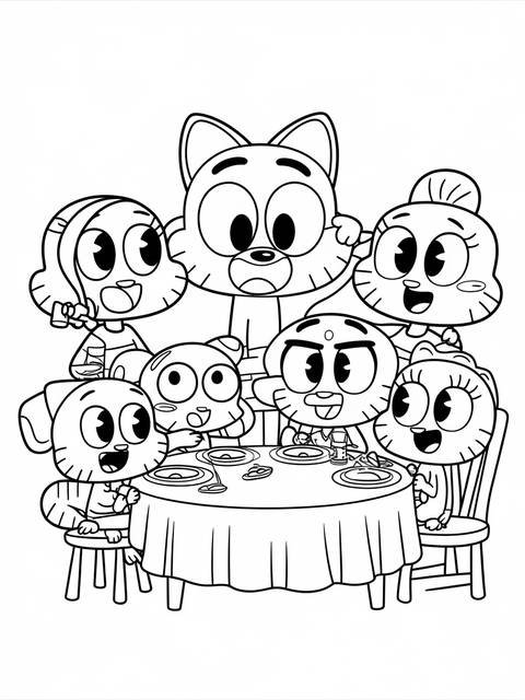 Gumball and his family gathered around a table, ready for a meal