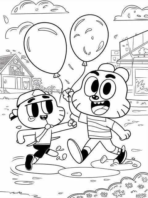 Gumball watterson and his best friend, holding balloons, running happily in a coloring page