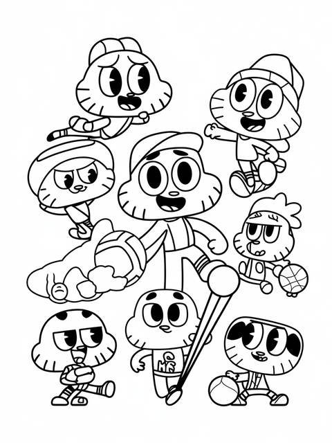 Line art of gumball characters from the show, ready for coloring
