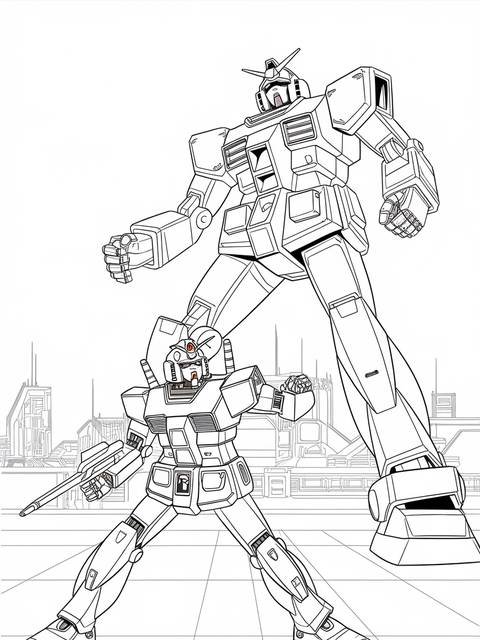 Line art of two gundam mobile suits, a classic design, ready for coloring