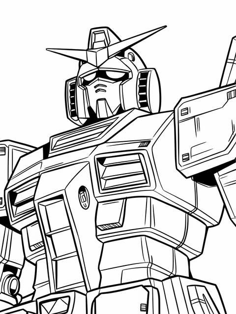 Close-up line art of a gundam robot, featuring detailed head and torso