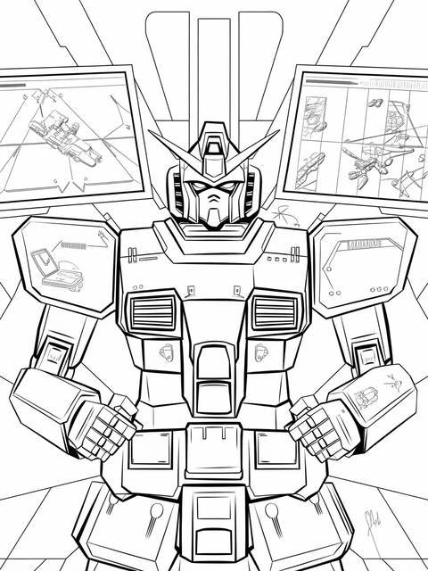 Detailed line art of a gundam pilot inside the cockpit, with control screens
