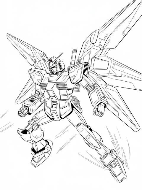 Line art of a gundam transforming, featuring wings and detailed mechanical parts
